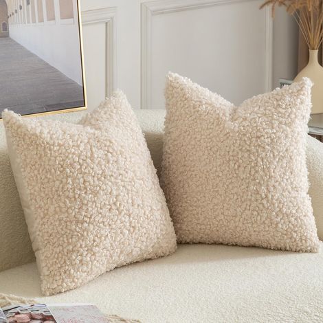 Set mit 2 dekorativen Kissenbezügen aus Kunstfell (Sherpa-Fell), weich und flauschig, im Schaffell-Stil, für Sofa, Couch, Bett, Wohnzimmer, 45 x 45 cm, beige