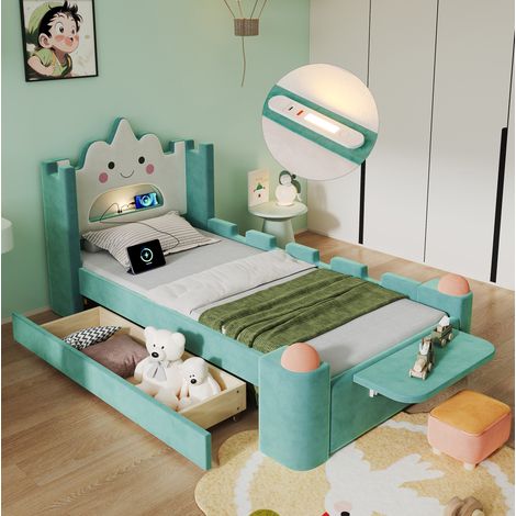 Kinderbett 90x200 cm Blaugrün aus Samt mit Wolkenkopf, Leselampe, USB und Stauraum (1/5)