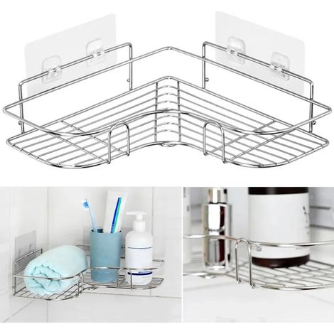(Royaume-Uni) 1 étagère de salle de bain en acier inoxydable, sans perçage, à fixer au mur, d'angle, pour ranger le shampoing et organiser la cuisine. Accessoires (1/5)