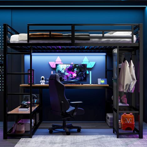 Lit surélevé métallique 140x200, noir, avec coin bureau/stockage, penderie intégrée, prises USB et spots LED, pour chambre moderne (1/5)