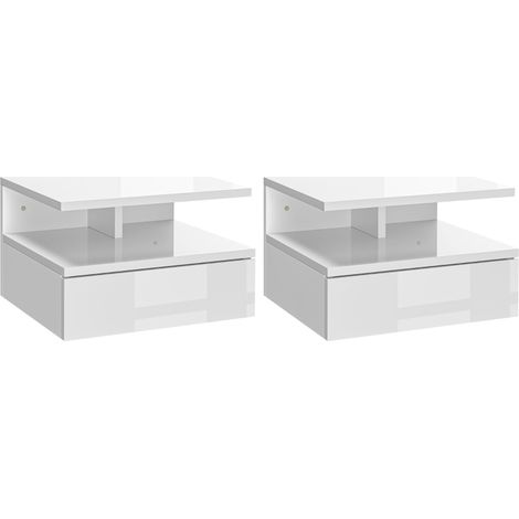 Set of Two Floating High Gloss Bedside Tables - White