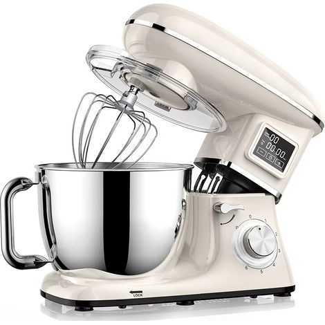 Frullatore da tavolo con display digitale, versatile robot da cucina elettrico con frusta, sbattitore e gancio impastatore (bianco)