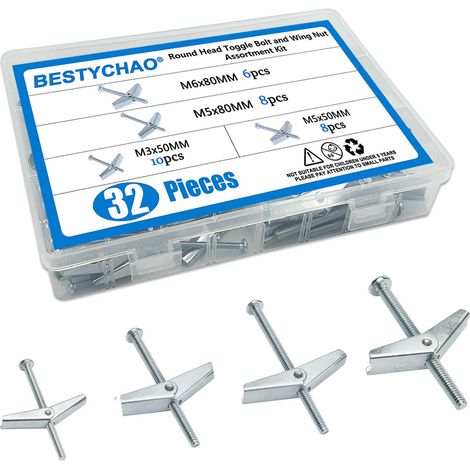 32 pièces 4 tailles boulon à bascule à ressort à ailettes avec Kit d'assortiment de vis M3 M5 M6 pour fixations murales creuses en placoplâtre (1/5)