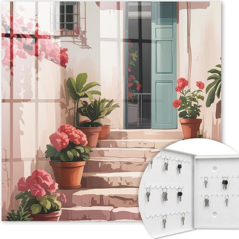 Armoire à clés - (30 cm x 30 cm) - Boîte à clés murale - Coffret de rangement pour clés - Couleur blanche - Ouverture vers la gauche - Pour maison et bureau - Escalier fleuri (1/5)