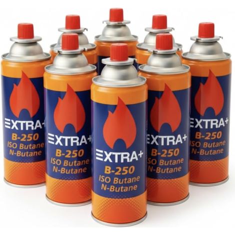 Pack 8 Cartuchos Gas B-250  Mezcla ISO-Butano para Cocina Portátil y Camping  227g Alta Eficiencia  Sistema Bayoneta