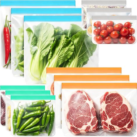 12 x Reusable Freezer Bags with Zip (4 Colours), Washable Food Storage Bags for Freezing Fresh Food (1/5)