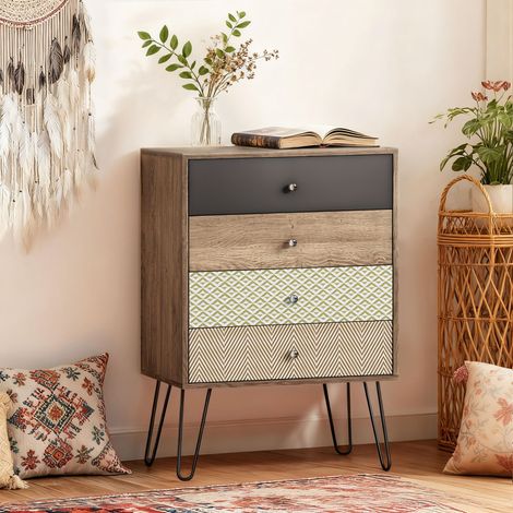 Commode 60x39x86 cm avec 4 tiroirs, pieds en fourchette en acier de style bohème multicolores