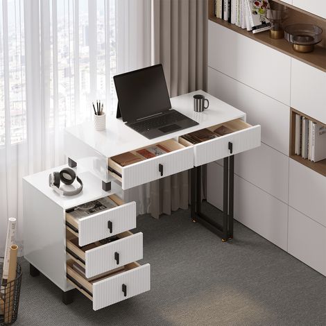 WOLTU Schminktisch, Frisiertisch mit Beleuchtung Spiegel, einstellbare Helligkeit, Unregelmäßiger Spiegel, Kosmetiktisch mit 5 Schubladen, Make Up Tisch mit Seitenregal Flexible Montage, Weiß Schwarz (1/5)