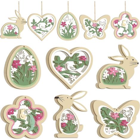 Ostern Holzdekoration 24er Set – Hase, Ei, Blume & Schmetterling Frühjahrsdeko Grün (1/5)
