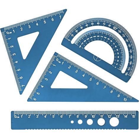 BEBUSINGOTO (Azul) Regla transportadora cuadrada, escuadra escolar, con estuche de almacenamiento, juego de reglas de geometría matemática de aleación de aluminio, papelería de matemáticas (1/5)