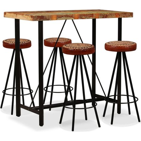 Mesa y 4 taburetes bar madera maciza reciclada cuero real lona vidaXL (1/5)