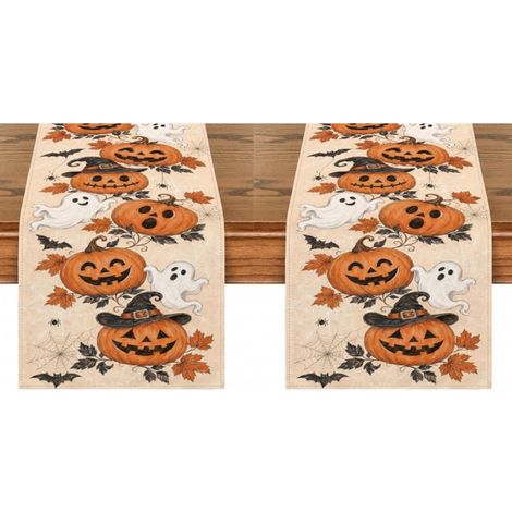 Camino de mesa de Halloween de 33 x 183 cm, decoración otoñal para cocina y comedor, estampado de calabazas y fantasmas (2 piezas) (1/5)