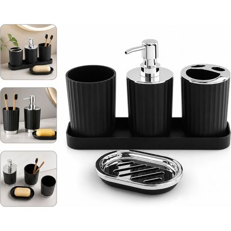 Set salle de bain 4 pièces en plastique ABS finition noir mat, distributeur de savon 6 x 15,5 cm, 2 gobelets 6 x 10 cm et porte-savon 10,7 x 8,3 cm, design moderne minimaliste pour plan vasque (1/5)