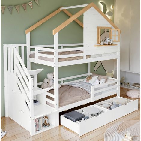 Etagenbett 90x200 Holz mit Stauraumtreppe Kinder HAVRYA (1/5)