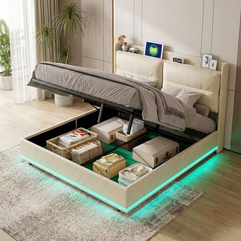 Lit coffre 160x200 cm pour chambre adulte,lit double capitonné avec chargeur sans fil,sommier à lattes,ports usb/type-c et led,velours,beige (1/5)