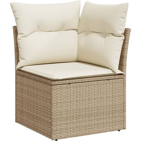Canapé d'angle de jardin avec coussins beige résine tressée (1/5)