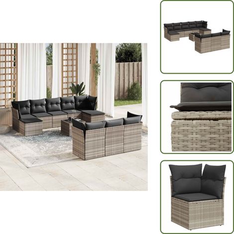 The Living Store 11-tlg. Garten-Sofagarnitur mit Kissen Hellgrau Poly Rattan - Gartensessel (1/5)