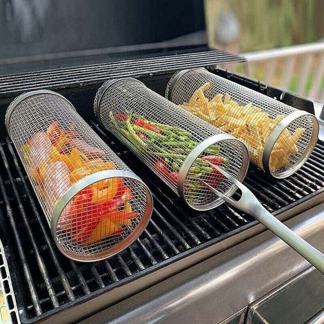 2099cm Panier à Griller Roulant Grille de Barbecue en Acier Inoxydable avec Panier de Grillage cylindrique pour de Gril extérieur, Frites Accessoires de Cuisson au Gril 3pcs B " (1/5)