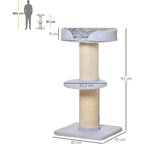 Arbre à chat 30 kg, griffoir sisal bleu clair, plateforme d'observation, structure stable, 45x45x91 cm, pour chats adultes et multi-chats. (1/5)