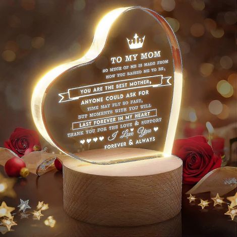 Cadeaux pour maman de la part de sa fille, cadeaux d'anniversaire pour maman de la part de son fils, veilleuse gravée en 3D de 9,9 cm en acrylique avec alimentation USB (1/5)
