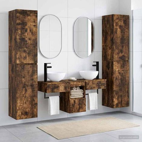 Ensemble Salle De Bain 5 Pièces Chêne Fumé, Bois D'ingénierie, Portes Réversibles (1/4)