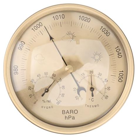 Station météo analogique d'extérieur avec hygromètre et thermomètre, en alliage d'aluminium léger et PMMA, à suspendre ou à poser, design élégant, couleur or. (1/5)