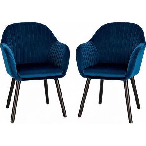 Set di 2 sedie da pranzo in velluto blu e nero con braccioli, struttura in metallo e legno (1/4)