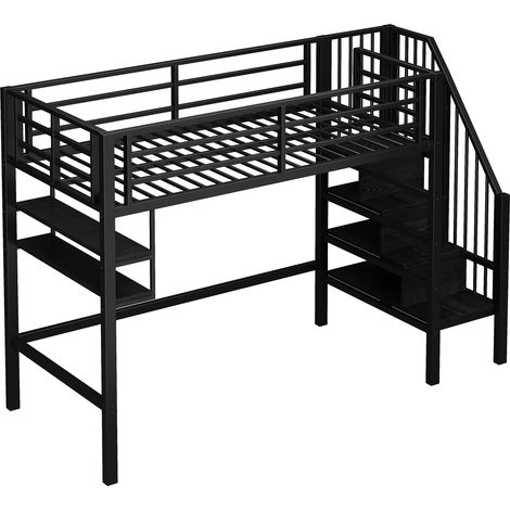 Lit Mezzanine 1 Place avec Étagères, Échelle de Rangement et Barrière 90×200 cm, sans Matelas, Noir (1/4)