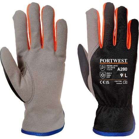 Portwest – Gants anti-chaleur Wintershield noir/orange – Paume en cuir synthétique – Doublure polaire – Taille 9 pour confort thermique