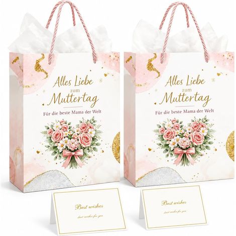 Sac Cadeau Fête des Mères 2 Pièces avec Papier Cadeau et Carte, Sac Cadeau Fleur pour Maman (1/5)