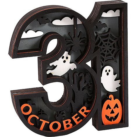 Kreative Geisterdekoration aus Holz für Halloween mit LED-Beleuchtung - Handgefertigte Kürbis-Halloweendekoration aus Holz (31 cm, mit Beleuchtung) (1/2)