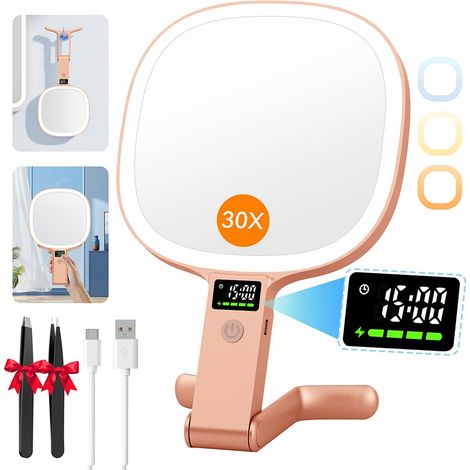 Miroir Grossissant Lumineux 2500mAh 1X/30X, Support 4-en-1, Or Rose Affichage de batterie et heure, pinces incluses, 3 couleurs réglables, miroir maquillage pliable pour maison et voyage (1/5)