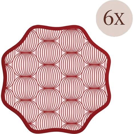 Individual Kalp, set de 6, Borde Ondulado, Diseño Geométrico de Círculos, Lavable, Hecho en Italia, 40x40 cm Rojo