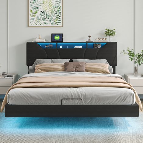 Lit tapissé 160x200 cm, tête de lit coffre avec LED, avec rangement, lit adulte, lit double, lit ado, sommier à lattes, lit hydraulique, noir (livraison locale) (1/5)