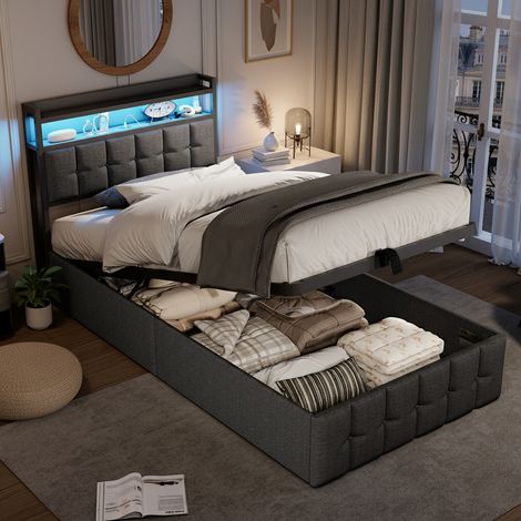 Cama con canapé abatible 90x200 cm - Somier de lamas - Cabecero - Tapizado en lino - Puertos USB-C y USB - Elevación hidráulica - Gris - Estilo escandinavo (1/5)