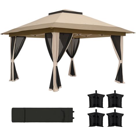 Outsunny carpa plegable gazebo, 3,6x3,6 m, con 4 paredes laterales de malla, anti-UV, altura ajustable, bolsa de arena y bolsa de transporte, beige