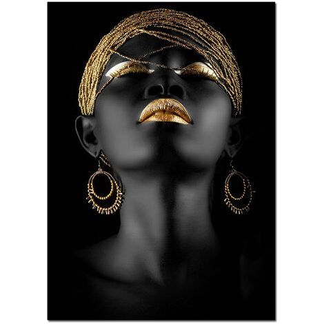 Affiche art africain femme noire avec coiffe dorée – Impression giclée sur toile 60x80 cm – Encres pigmentées résistantes aux UV – Décoration murale élégante – Jormftte (1/4)