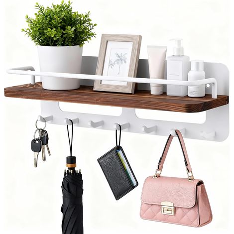 Wandmontierter Schlüsselhalter mit Ablage, Schlüsselbrett aus Holz mit 7 Haken, dekoratives Design für Eingangsbereich, Flur, Schlafzimmer, Wohnzimmer oder Büro