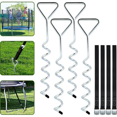 Jiubiaz Kit 4 Ancoraggi per Trampolino in Acciaio Zincato con Cinghie 250 cm, Fissaggio Anti-Vento e Tempesta
