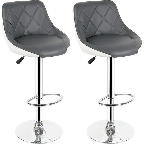 Tabouret de bar 2, chaise de cuisine moderne, avec dossier repose-pieds sans accoudoirs en similicuir chromé design pivotant réglable en hauteur, gris-blanc (1/5)