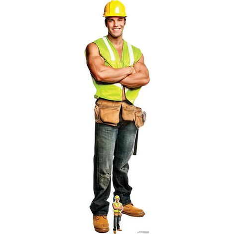 Figurine en carton Chippendale en tenue d'ouvrier du bâtiment avec son gilet jaune 181 cm (1/5)