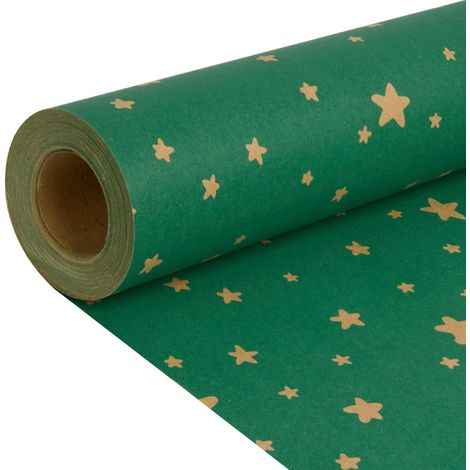 Rouleau de papier cadeau vert, 43 cm x 15 m, papier kraft recyclable, imprimé étoile, pour anniversaire, Noël et mariage (1/5)