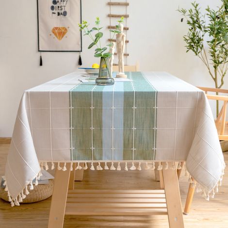 Rechteckige Tischdecke aus einfarbiger Baumwolle und Leinen mit karierter Stickerei und Quasten, Leinentischdecke für die Tischdekoration in Küche und Esszimmer (140 x 240 cm, Grün/Blau)