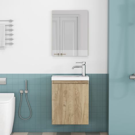 Mueble de baño suspendido de 45 x 34 x 58 cm en acabado roble con lavabo de cerámica y espejo (1/5)