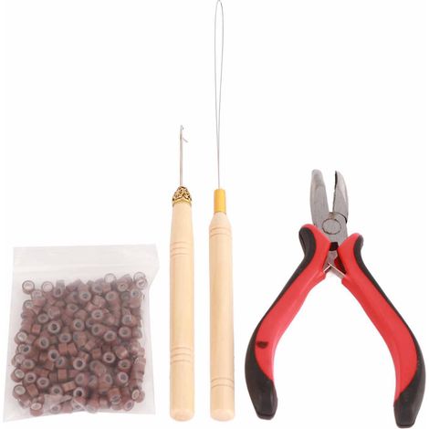 4 pièces Outils pour Extensions Capillaires, Pince à Perruque Courbée avec Aiguille en Bois et Anneaux en Silicone Marron (1/5)