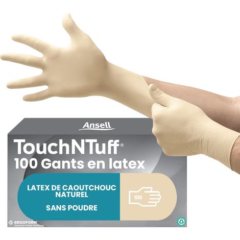 Gants Jetables en Latex, Fins et Non Poudrés, Doigts Renforcés et Adhérisés, Protection Multiusage, Alimentaire, Chimique et Mécanique, Blanc, Taille L (100 Gants) (1/5)