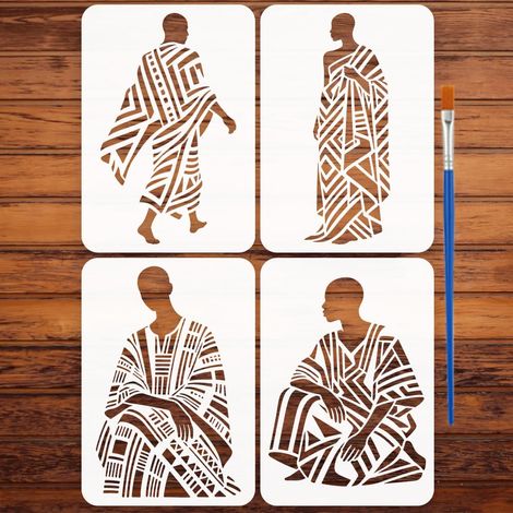 4Pièces Pochoirs Silhouettes Vêtements Tribaux Traditionnels Avec Pinceau 21x29,7cm Pochoirs Motifs Ethniques Géométriques Pochoir Costumes Africains Abstraits pour Bois Mur DIY (1/5)