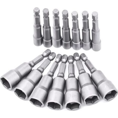 Set di 14 bussole per cacciavite da 6-19 mm - Adattatore per punte, esagonale per cacciavite a dado per trapano manuale, avvitatore elettrico, chiave a bussola (acciaio al cromo vanadio) (1/4)