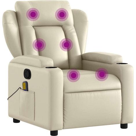 Fauteuil relax massant inclinable manuel similicuir crème avec porte-gobelets (1/5)