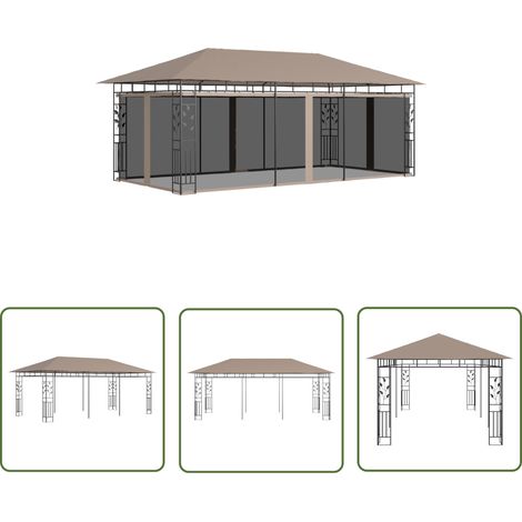 The Living Store Belvédère avec moustiquaire 6x3x2,73 m Taupe 180 g/m² - Abri Jardin - Auvent Jardin - Gazebo - Parasol - Protection Solaire (1/5)